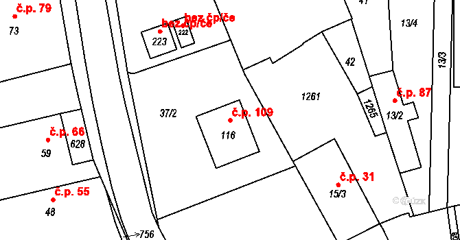 Dubné 109 na parcele st. 116 v KÚ Dubné, Katastrální mapa