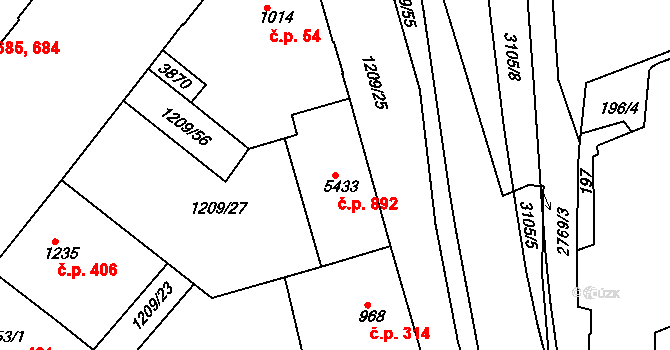 Chrudim IV 892, Chrudim na parcele st. 5433 v KÚ Chrudim, Katastrální mapa