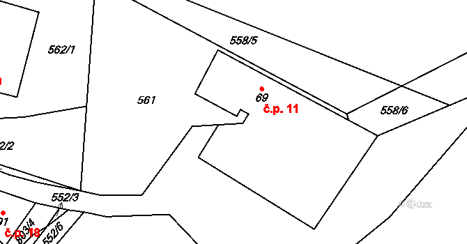 Útěchovičky 11, Pelhřimov na parcele st. 69 v KÚ Chvojnov, Katastrální mapa