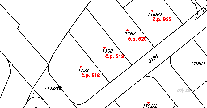 Krč 519, Praha na parcele st. 1158 v KÚ Krč, Katastrální mapa