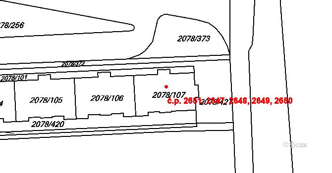 Záběhlice 2647,2648,2649,2650,, Praha na parcele st. 2078/107 v KÚ Záběhlice, Katastrální mapa