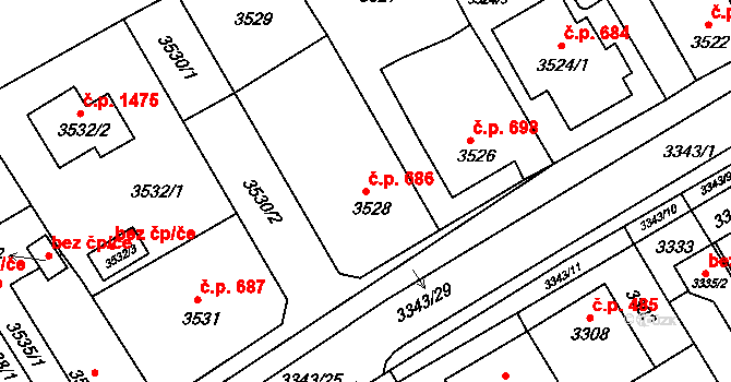 Jirkov 686 na parcele st. 3528 v KÚ Jirkov, Katastrální mapa
