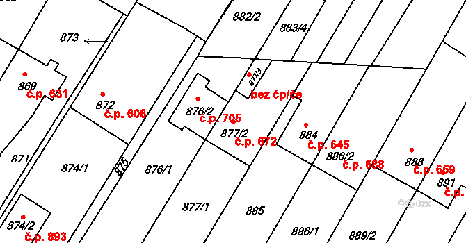 Střelice 672 na parcele st. 877/2 v KÚ Střelice u Brna, Katastrální mapa