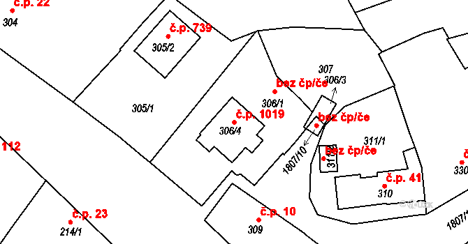 Černice 1019, Plzeň na parcele st. 306/4 v KÚ Černice, Katastrální mapa
