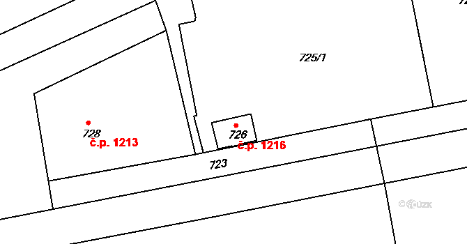 Nýřany 1216 na parcele st. 726 v KÚ Nýřany, Katastrální mapa