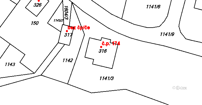 Horní Heřmanice 174 na parcele st. 316 v KÚ Horní Heřmanice v Čechách, Katastrální mapa