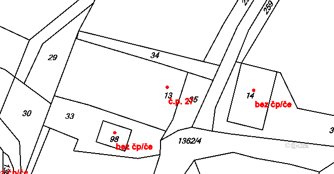 Všebořice 27, Loket na parcele st. 13 v KÚ Všebořice u Dolních Kralovic, Katastrální mapa