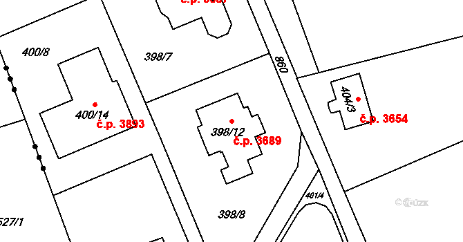 Znojmo 3689 na parcele st. 398/12 v KÚ Znojmo-Louka, Katastrální mapa