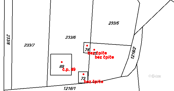 Třebíč 50036815 na parcele st. 74 v KÚ Račerovice, Katastrální mapa