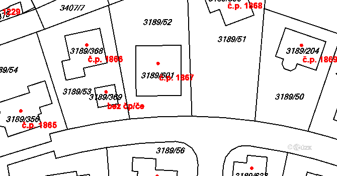Roztoky 1867 na parcele st. 3189/601 v KÚ Žalov, Katastrální mapa