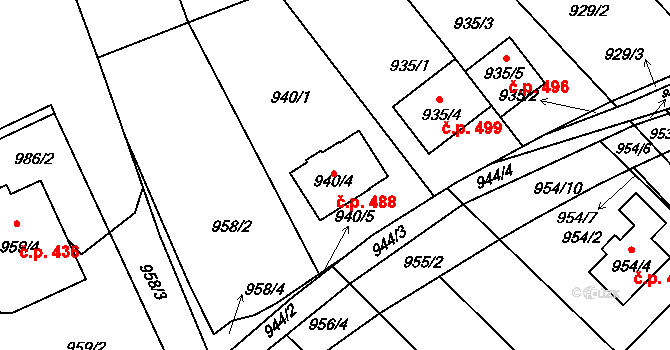 Telnice 488 na parcele st. 940/4 v KÚ Telnice u Brna, Katastrální mapa