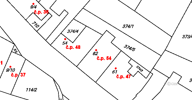 Dolní Jirčany 54, Psáry na parcele st. 62 v KÚ Dolní Jirčany, Katastrální mapa