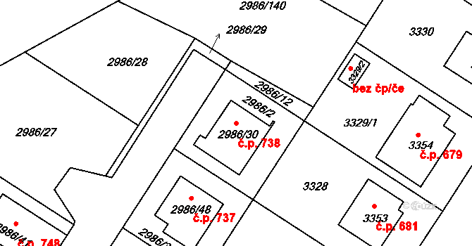Kamenice nad Lipou 738 na parcele st. 2986/30 v KÚ Kamenice nad Lipou, Katastrální mapa