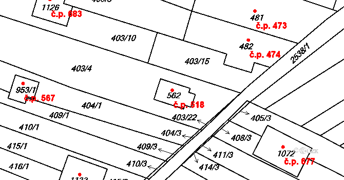Vranovice 518 na parcele st. 562 v KÚ Vranovice nad Svratkou, Katastrální mapa