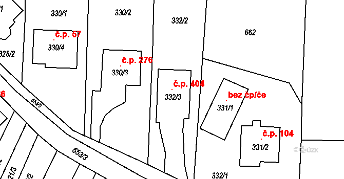 Holubice 404 na parcele st. 332/3 v KÚ Holubice, Katastrální mapa