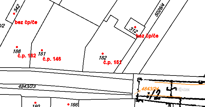 Jamolice 151 na parcele st. 182 v KÚ Jamolice, Katastrální mapa