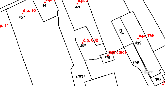 Žebrák 602 na parcele st. 36/2 v KÚ Žebrák, Katastrální mapa