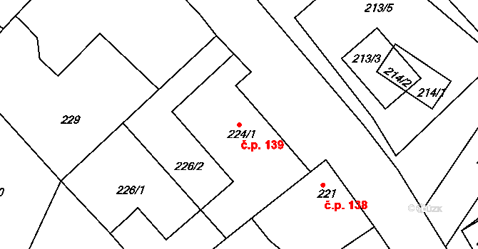 Oleksovice 139 na parcele st. 224/1 v KÚ Oleksovice, Katastrální mapa