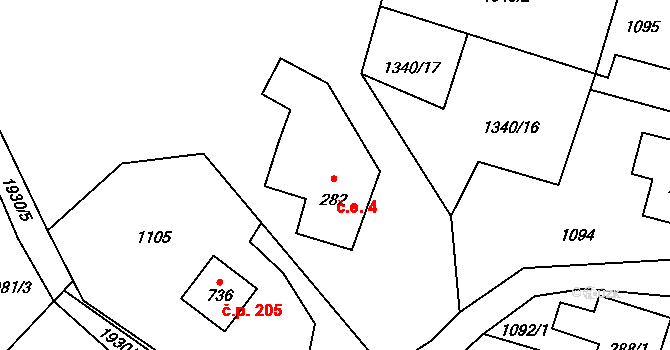 Hřebečná 4, Abertamy na parcele st. 282 v KÚ Hřebečná, Katastrální mapa
