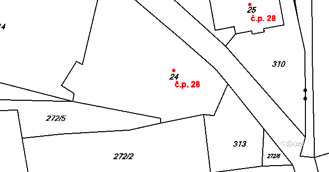 Popovice 28, Teplá na parcele st. 24 v KÚ Popovice u Poutnova, Katastrální mapa