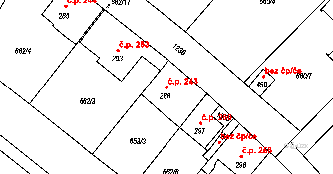 Lázně Toušeň 243 na parcele st. 286 v KÚ Lázně Toušeň, Katastrální mapa
