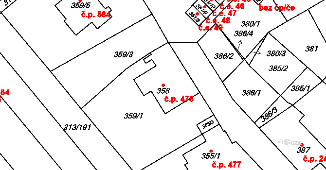 Vyškov-Předměstí 478, Vyškov na parcele st. 358 v KÚ Vyškov, Katastrální mapa
