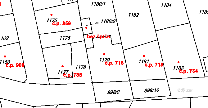 Úvaly 715 na parcele st. 1179 v KÚ Úvaly u Prahy, Katastrální mapa