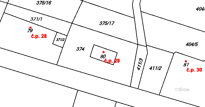 Homyle 29, Boharyně na parcele st. 80 v KÚ Boharyně, Katastrální mapa
