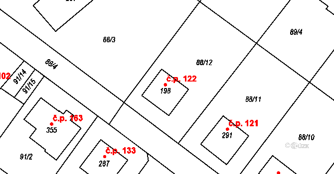 Valdice 122 na parcele st. 198 v KÚ Valdice, Katastrální mapa