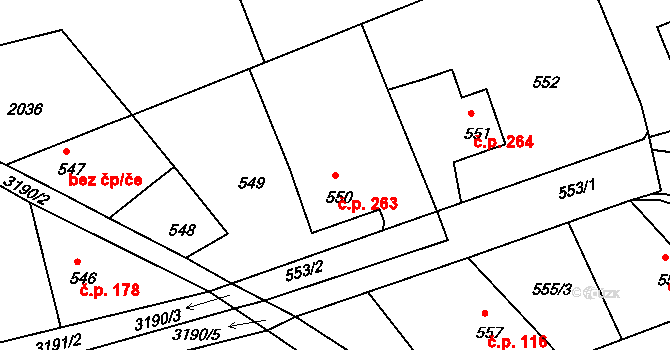 Planá nad Lužnicí 263 na parcele st. 550 v KÚ Planá nad Lužnicí, Katastrální mapa