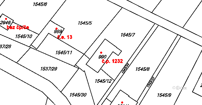 Litovel 1232 na parcele st. 990 v KÚ Litovel, Katastrální mapa