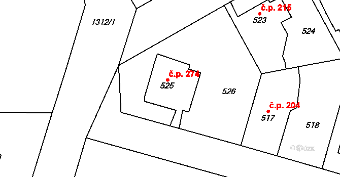 Nebušice 274, Praha na parcele st. 525 v KÚ Nebušice, Katastrální mapa