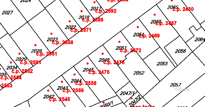 Chomutov 2476 na parcele st. 2046 v KÚ Chomutov II, Katastrální mapa
