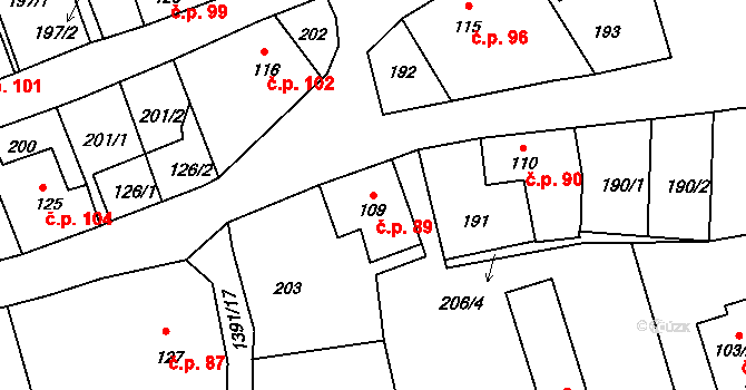 Chrastava 89 na parcele st. 109 v KÚ Chrastava I, Katastrální mapa
