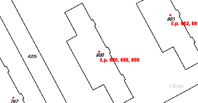 Slezské Předměstí 658,659,660, Hradec Králové na parcele st. 800 v KÚ Slezské Předměstí, Katastrální mapa