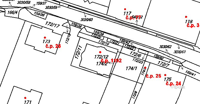 Miroslav 1192 na parcele st. 172/12 v KÚ Miroslav, Katastrální mapa