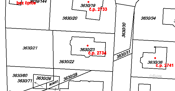 Louny 2734 na parcele st. 3630/23 v KÚ Louny, Katastrální mapa