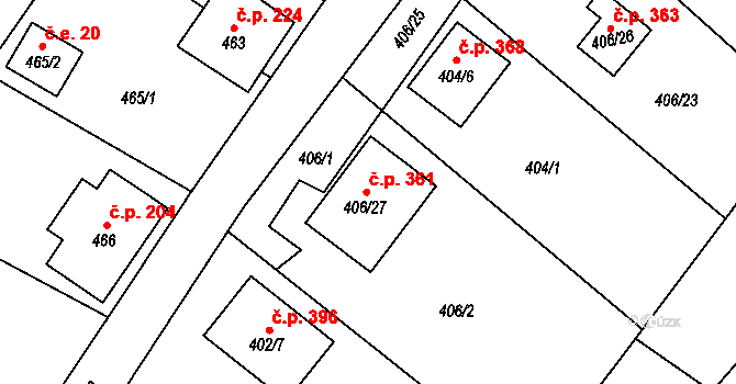 Donín 361, Hrádek nad Nisou na parcele st. 406/27 v KÚ Donín u Hrádku nad Nisou, Katastrální mapa