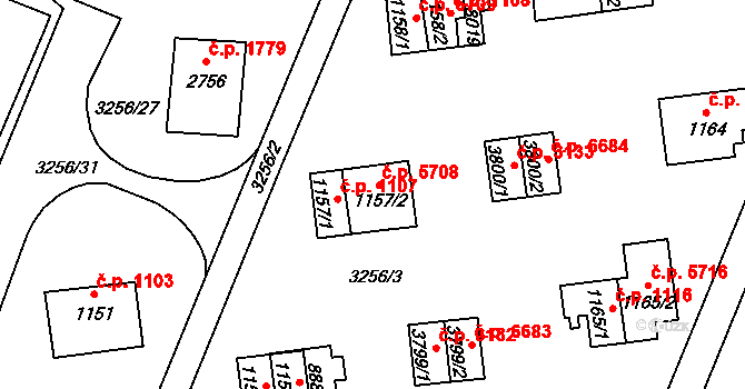 Zlín 5708 na parcele st. 1157/2 v KÚ Zlín, Katastrální mapa