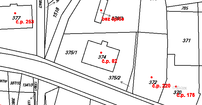 Hrušky 82 na parcele st. 374 v KÚ Hrušky u Brna, Katastrální mapa