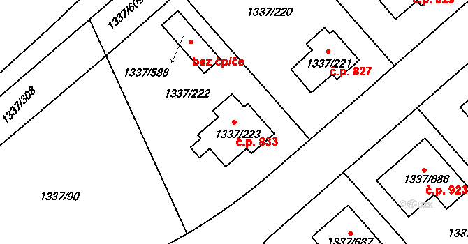 Vinoř 833, Praha na parcele st. 1337/223 v KÚ Vinoř, Katastrální mapa