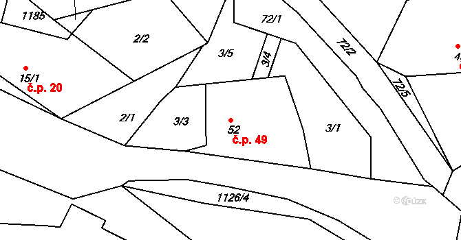 Chotiná 49, Hromnice na parcele st. 52 v KÚ Chotiná, Katastrální mapa