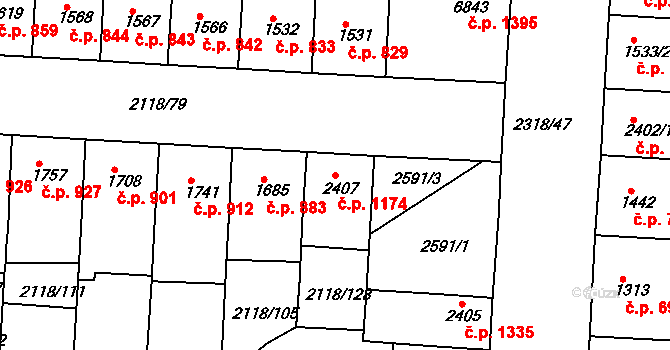 Zelené Předměstí 1174, Pardubice na parcele st. 2407 v KÚ Pardubice, Katastrální mapa