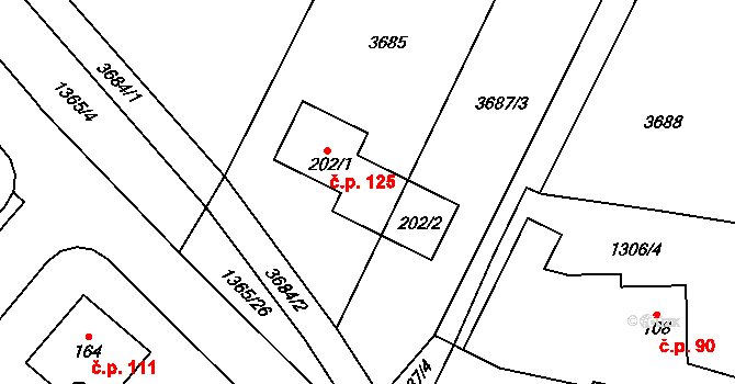 Uhřínov 125 na parcele st. 202/1 v KÚ Uhřínov u Velkého Meziříčí, Katastrální mapa