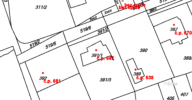 Libčice nad Vltavou 847 na parcele st. 391/1 v KÚ Chýnov, Katastrální mapa
