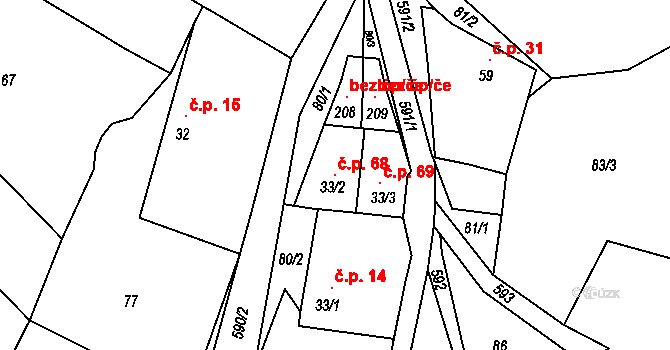 Tvoršovice 68, Bystřice na parcele st. 33/2 v KÚ Tvoršovice, Katastrální mapa