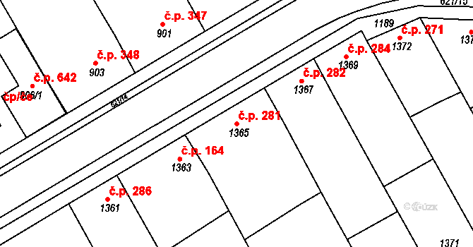 Hrušky 281 na parcele st. 1365 v KÚ Hrušky, Katastrální mapa