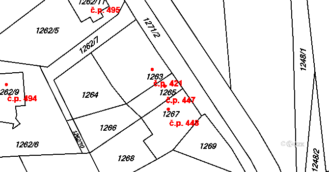 Plumlov 447 na parcele st. 1265 v KÚ Plumlov, Katastrální mapa