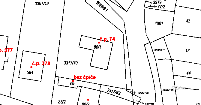 Višňové 74 na parcele st. 80/1 v KÚ Višňové, Katastrální mapa