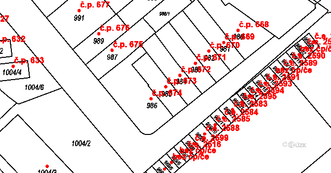 Znojmo 673 na parcele st. 985 v KÚ Znojmo-město, Katastrální mapa